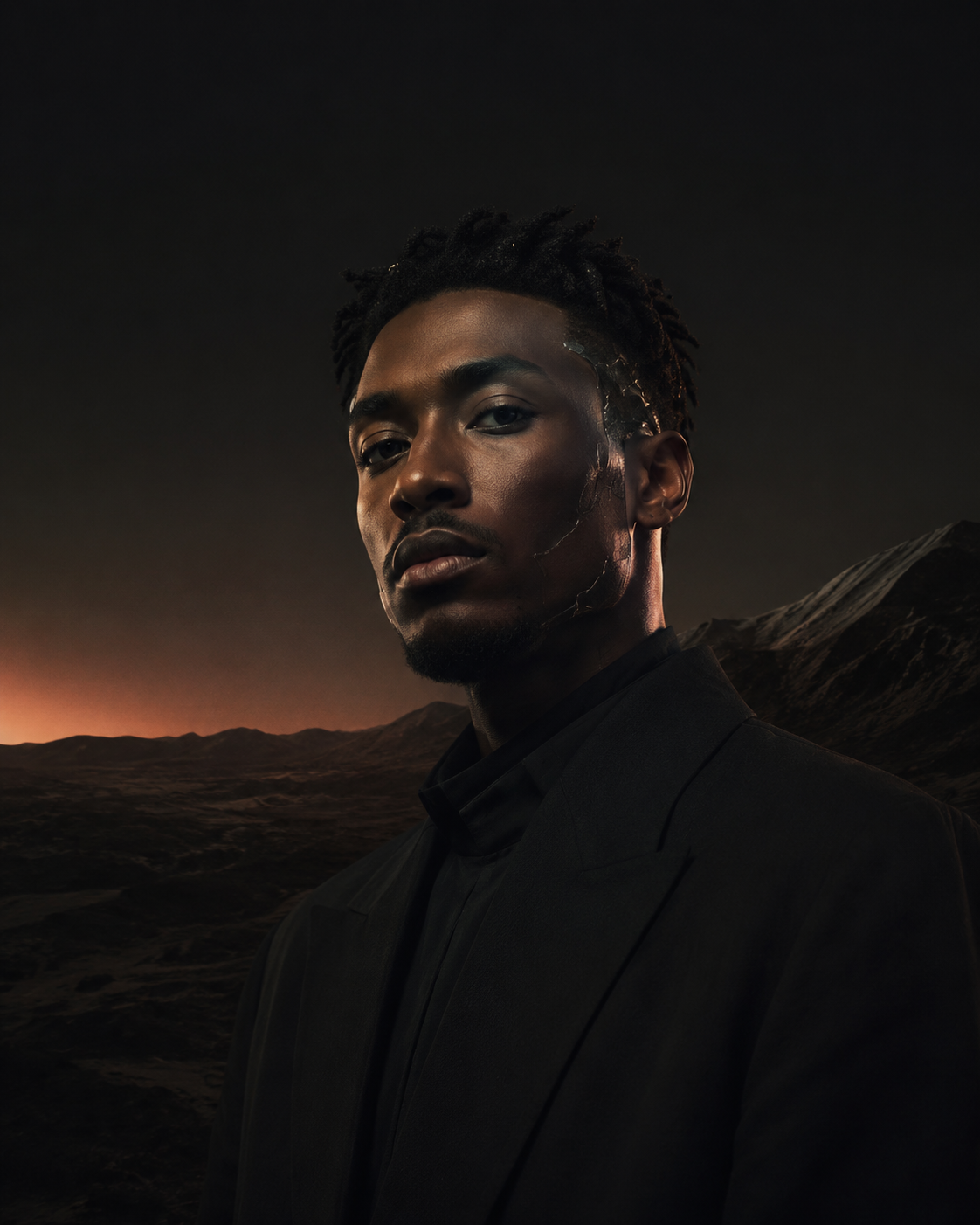 Vellan Dawn, a masculine synthetic artist, standing before a dark amber horizon